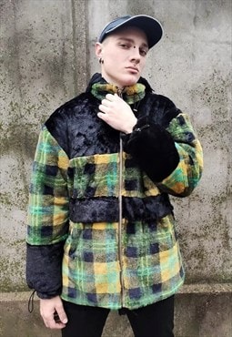 Check fleece coat tartan bomber fake fur puffer jacket green