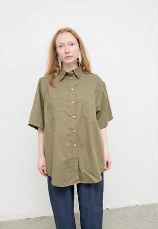 VINTAGE BURBERRYS SHIRT KHAKI GREEN COLLARED GOLD DETAILING
