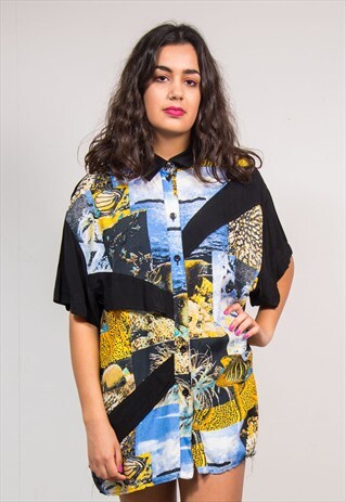 90'S VINTAGE BLACK FISH PATTERN OVERSIZE BLOUSE SHIRT