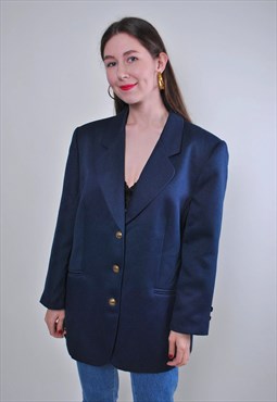 Women retro blue oversized wool suit blazer jacket 