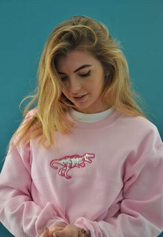 EMBROIDERED PINK SILVER METALLIC DINO SWEATER