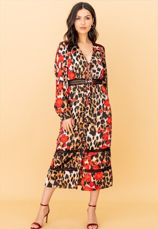 LACE INSERT MIDI DRESS IN RED LEOPARD FLORAL