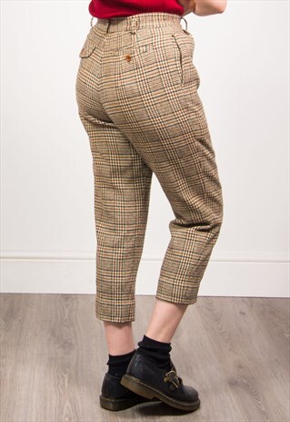 VINTAGE 90'S YELLOW FINE CHECKED HIGH WAIST WOOL TROUSERS