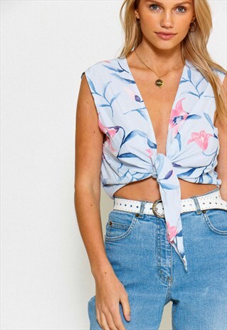 VINTAGE 90'S REWORKED BABY BLUE TIE FRONT BLOUSE