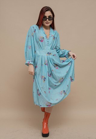 VINTAGE 80S BOHO V-NECK BLUE ABSTRACT PLEATED MIDI DRESS L