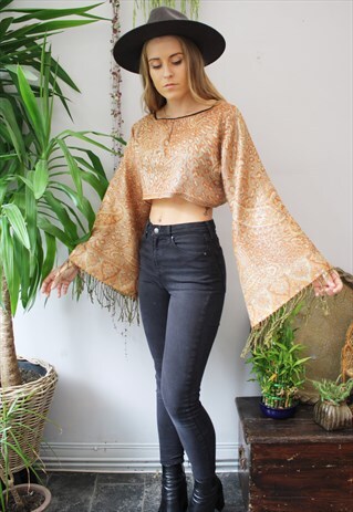 HANDMADE ORANGE GLITTER CROP TOP FRINGED