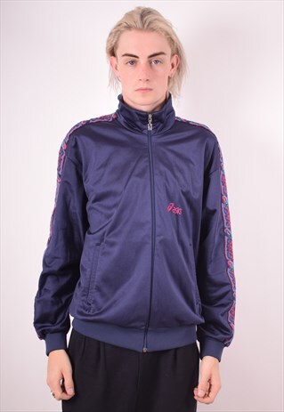 ASICS MENS VINTAGE TRACKSUIT TOP JACKET LARGE BLUE 90S