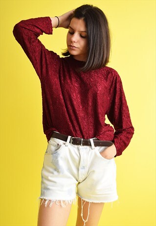 90'S RETRO MINIMALIST EMBROIDERY MAROON OVERSIZED BLOUSE TOP