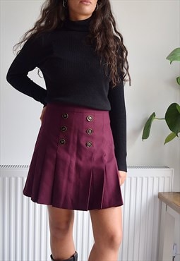 Vintage 90s Mini Skirt Burgundy Pleated with Buttons
