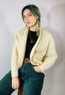 Vintage Size S Wool Mix Chunky Knitted Cardigan in Cream