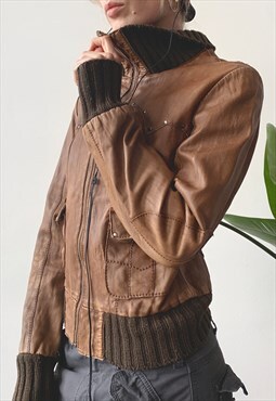 Vintage Y2K Spring Brown Zip Bomber Rib Knit Leather Jacket