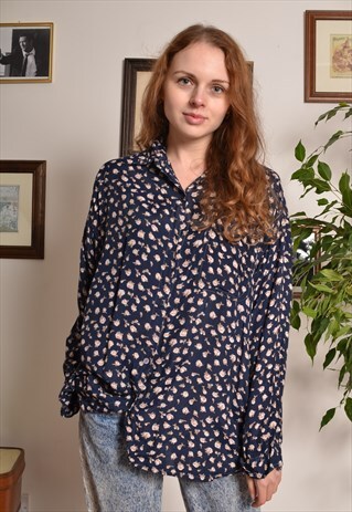 VINTAGE 80S FLORAL PATTERNED OVERSIZED SHIRT IN BLUE