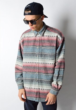 VINTAGE 90S WOOL BLEND STRIPED AZTEC LONG SLEEVE SHIRT