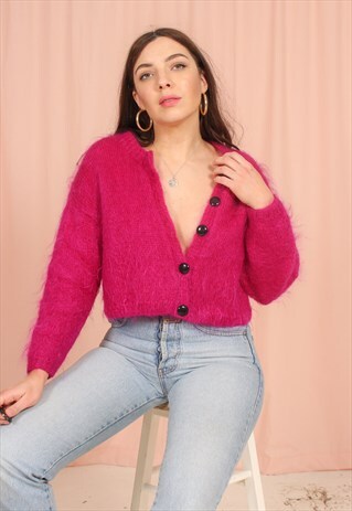 VINTAGE 80S CARDIGAN IN PINK CHUNKY KNIT