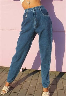 Vintage Dark Blue Denim High Waist Mom Jeans 
