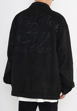 Black Embroidered Oversized Suede jacket Y2k