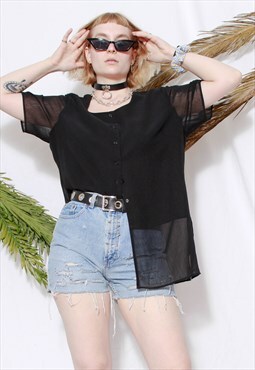 Vintage 90s Grunge Y2K Goth Black Sheer Layer Summer Shirt