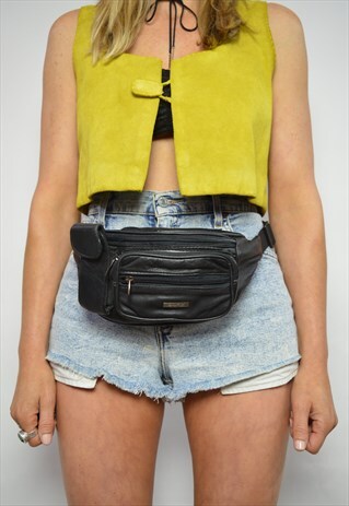 VINTAGE 90S BLACK LEATHER BUM BAG FANNY PACK GRUNGE RETRO