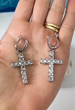 Silver Clear Gem Cross Earrings