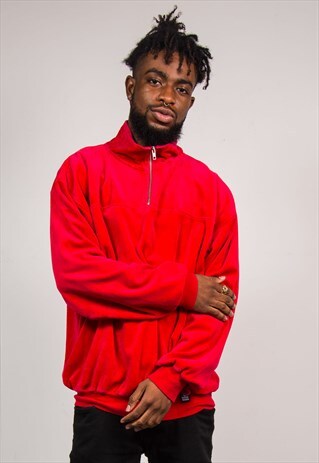 VINTAGE 90'S RED VELOUR QUARTER ZIP SWEATSHIRT JUMPER