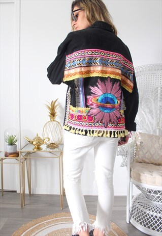 VINTAGE JEANS JACKET PRINTED ETHNIC EMBROIDERY