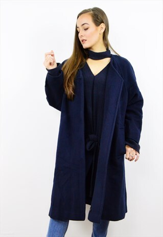 VINTAGE 90S NAVY BLUE LONG LINE WOOL COAT