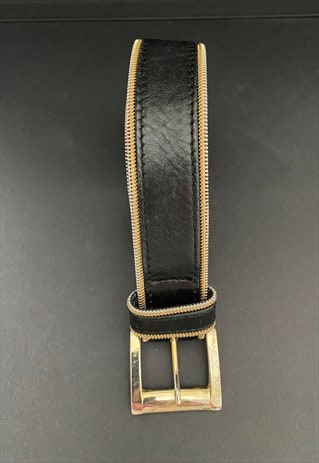 80'S BROWN LEATHER ZIP DETAIL WIDE LADIES BELT