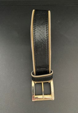 80's Brown Leather Zip Detail Wide Ladies Belt