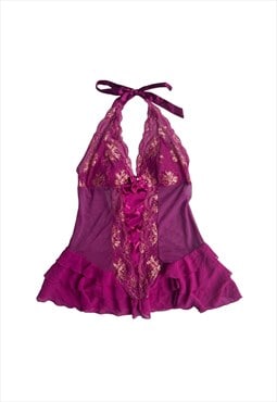 Y2K Cami Top babydoll halter neck vest mesh lace Purple Pink