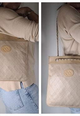 Chanel Quilted Leather Cream Shoulder / Tote Bag