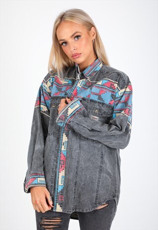 VINTAGE UNBRANDED LONG SLEEVE PATTERN/DENIM SHIRT S63