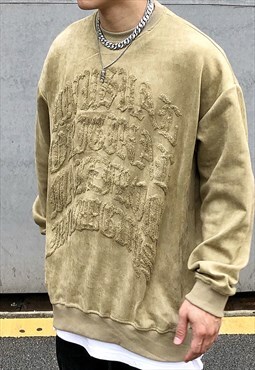 Khaki embroidered Oversized Suede Sweatshirts Unisex Y2k