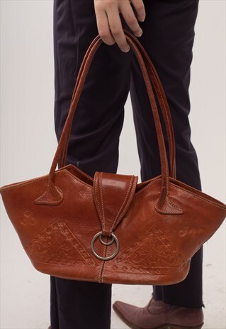 COGNAC AZTEC STAMPED LEATHER TOTE BAG