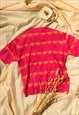 PINK ORANGE SHORT SLEEVE WOVEN PATTERN DETAIL KNIT TOP