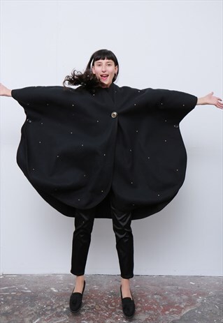 VINTAGE 80'S GOLD STUD STAR BLACK FLEECE CAPE COAT