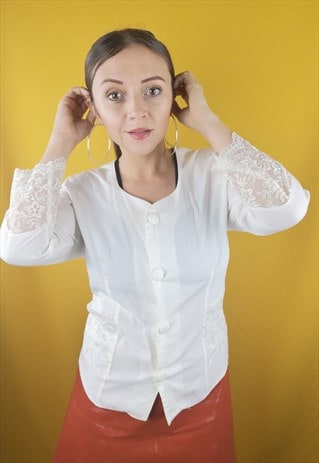 VINTAGE WHITE BUTTON BLOUSE WITH LACING SLEEVE