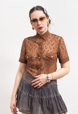 Vintage lace shirt in brown sheer blouse transparent women
