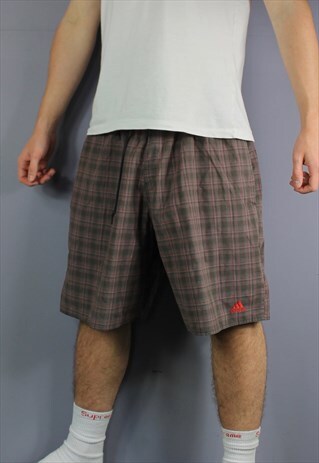VINTAGE ADIDAS PLAID SHORTS IN RED WITH POCKETS, EMBROIDERED