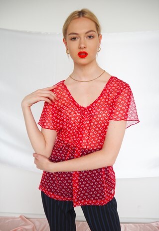 VINTAGE RED SHEER POLKA DOT PATTERN BLOUSE