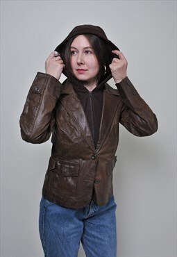 Vintage leather jacket, 90s leather blazer brown color women