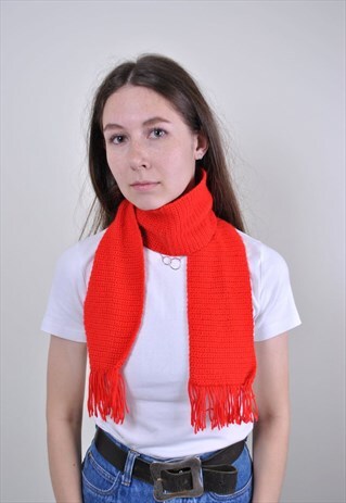 VINTAGE RED KNITTED SCARVE, 80S LACE BRIGHT WRAP