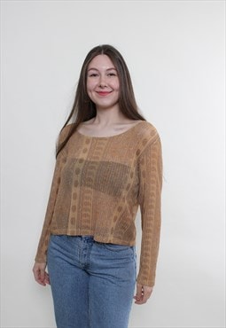 Vintage 90s knit blouse, grunge printed blouse transparent 