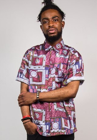 VINTAGE 90'S BURGUNDY MOSAIC TILE PATTERN SHORT SLEEVE SHIRT