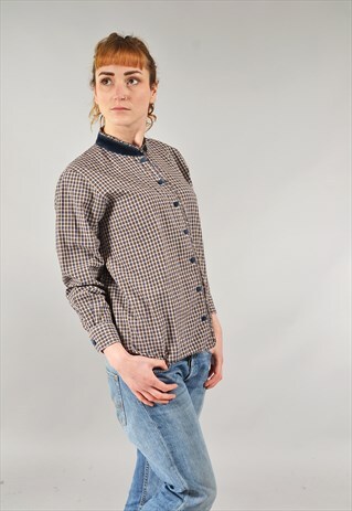 VINTAGE BLUE VELVET COLLARED CHECKED SHIRT