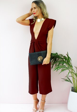 BURGUNDY PLUNGE SLEEVELESS WIDE CULOTTES PALAZZO JUMPSUIT
