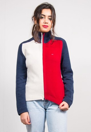 VINTAGE 90'S COLOURBLOCK TOMMY HILFIGER KNIT ZIP CARDIGAN