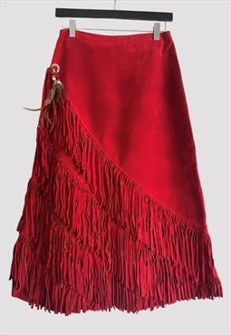 Vintage 70's Ladies Red Fringe Suede Midi Skirt Tassel