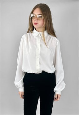 80's Vintage White Long Sleeve Embroidery Blouse