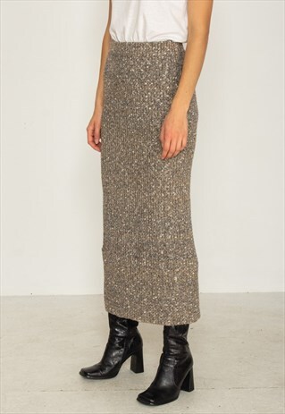 VINTAGE BROWN ELASTIC WAIST KNIT MAXI SKIRT