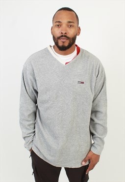 Men's Vintage Tommy Hilfiger Grey Ribbed Fleece Sweatshirt